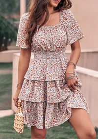 PRETTYGARDEN Women Floral Square Neck Short Sleeve Tiered Ruffle Boho Mini Dresses PRETTYGARDEN
