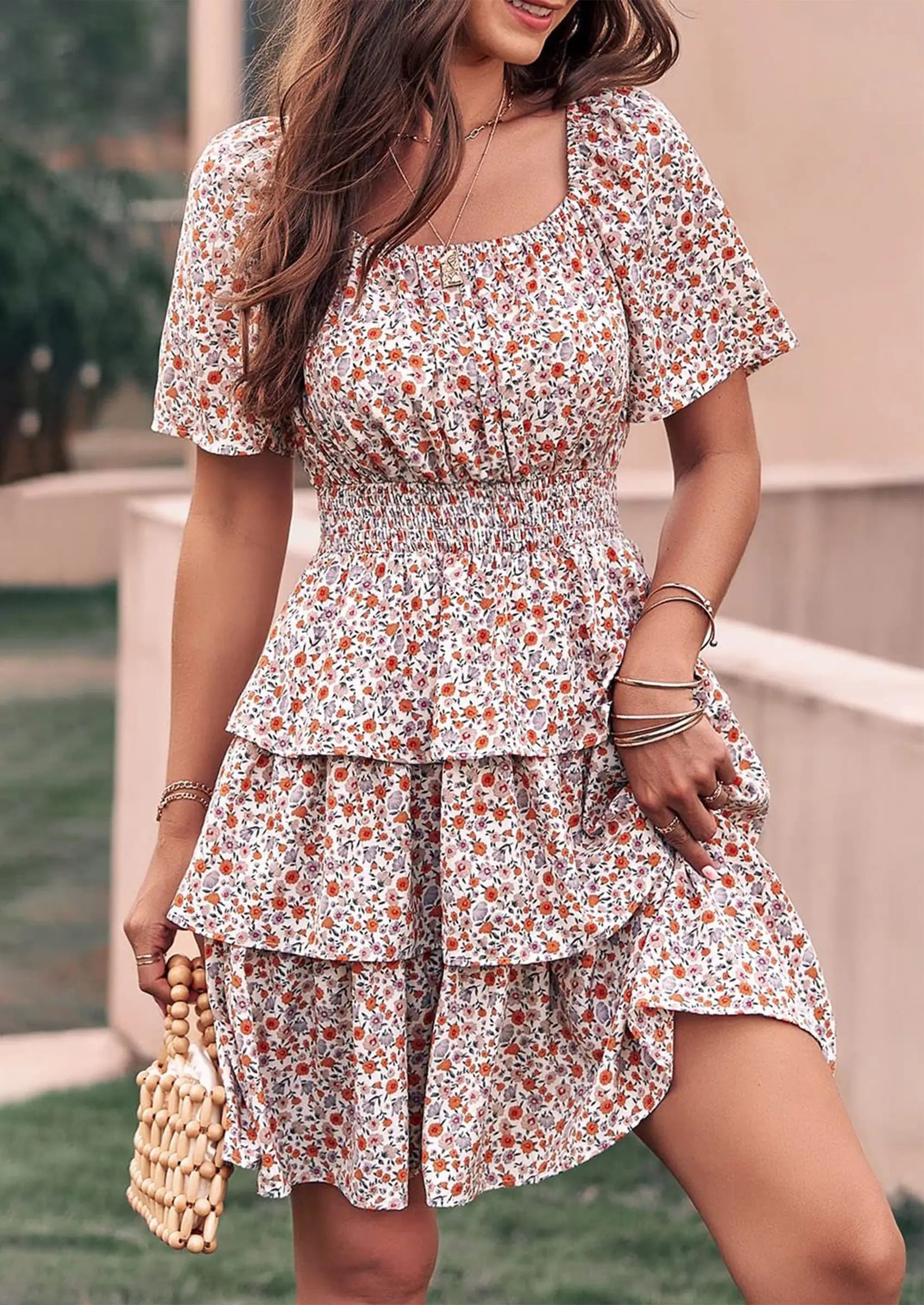 PRETTYGARDEN Women Floral Square Neck Short Sleeve Tiered Ruffle Boho Mini Dresses PRETTYGARDEN