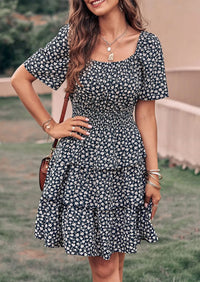 PRETTYGARDEN Women Floral Square Neck Short Sleeve Tiered Ruffle Boho Mini Dresses PRETTYGARDEN