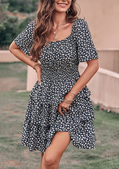 PRETTYGARDEN Women Floral Square Neck Short Sleeve Tiered Ruffle Boho Mini Dresses PRETTYGARDEN