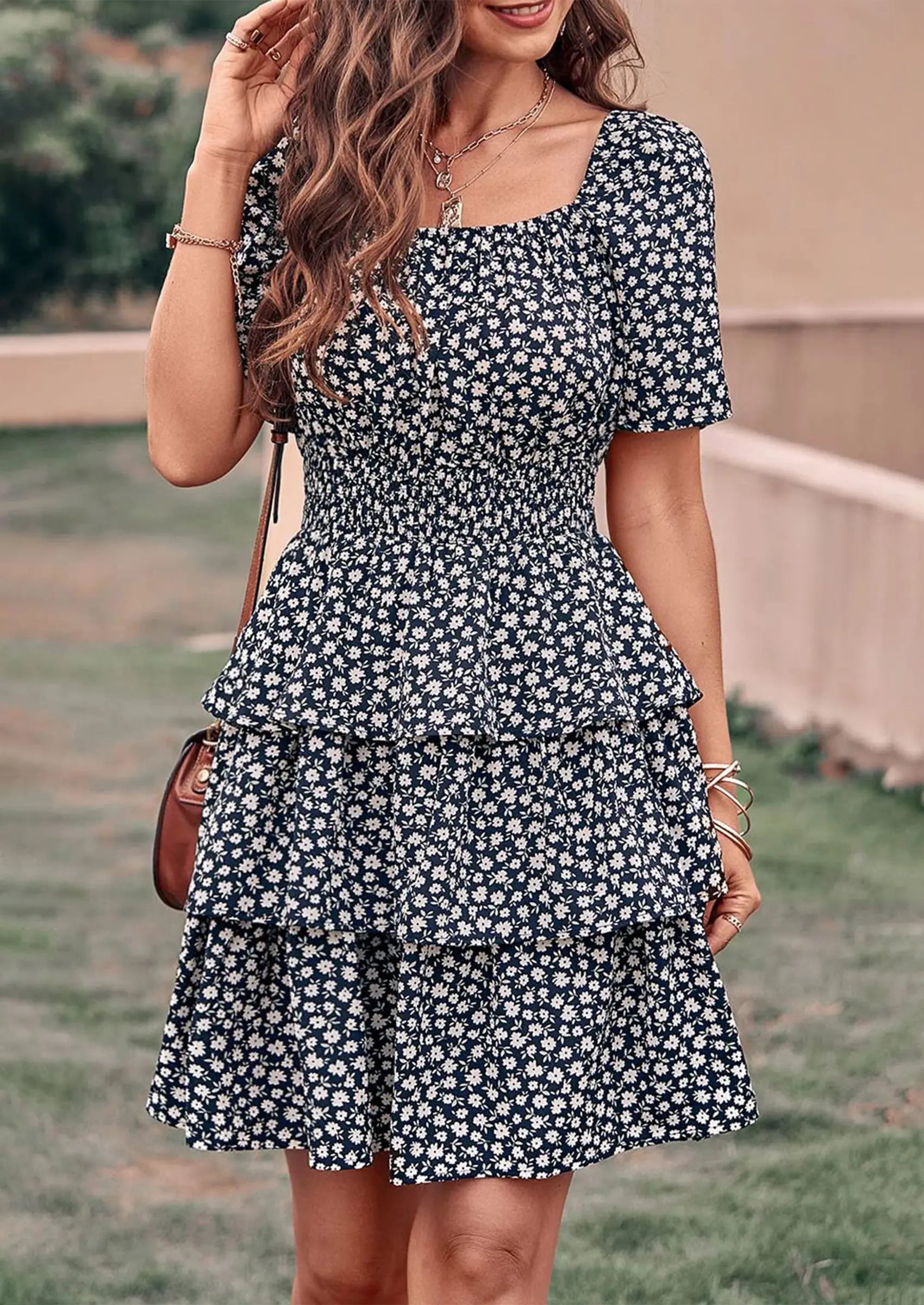 PRETTYGARDEN Women Floral Square Neck Short Sleeve Tiered Ruffle Boho Mini Dresses PRETTYGARDEN
