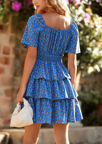 PRETTYGARDEN Women Floral Square Neck Short Sleeve Tiered Ruffle Boho Mini Dresses PRETTYGARDEN