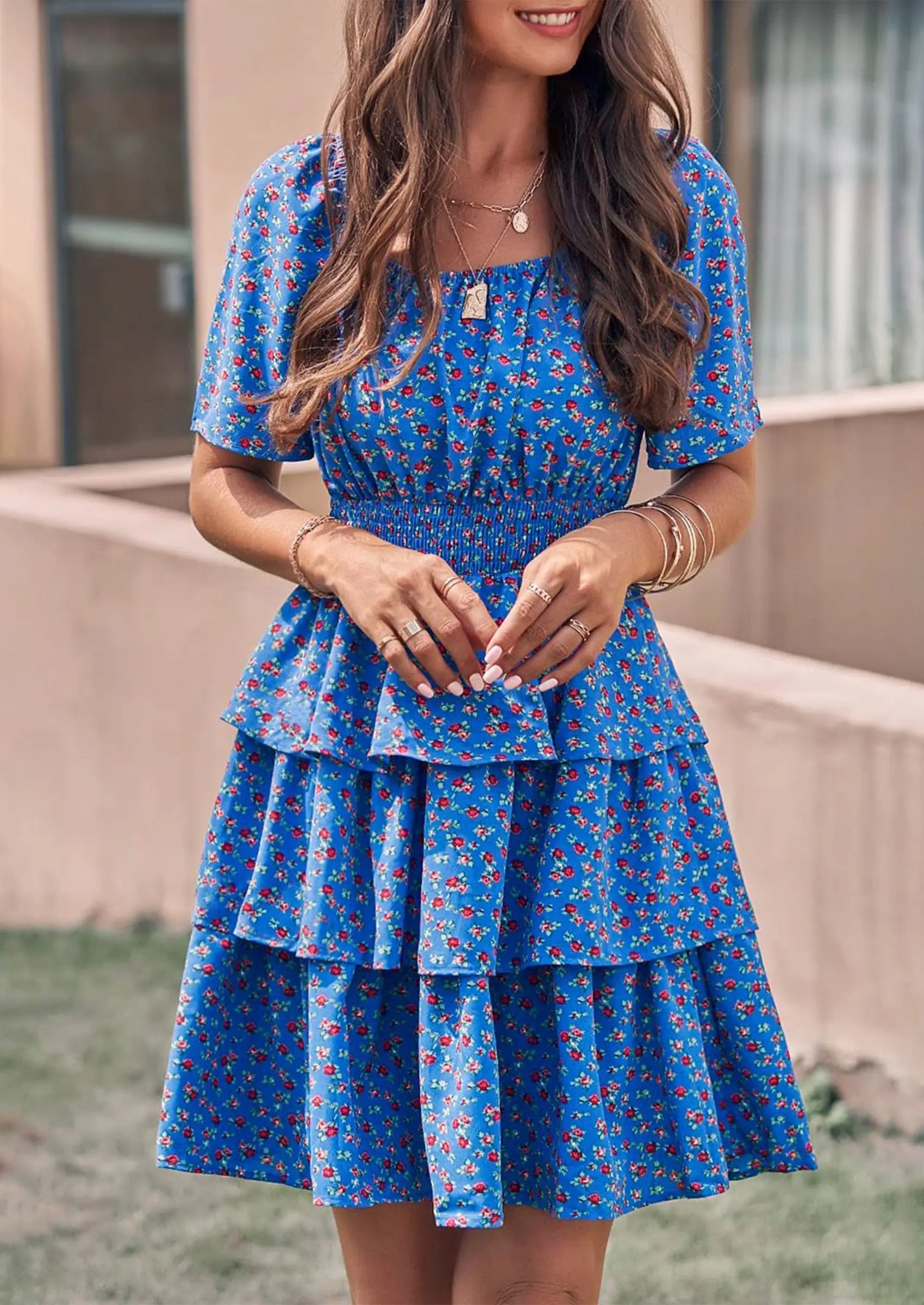 PRETTYGARDEN Women Floral Square Neck Short Sleeve Tiered Ruffle Boho Mini Dresses PRETTYGARDEN