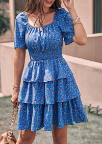 PRETTYGARDEN Women Floral Square Neck Short Sleeve Tiered Ruffle Boho Mini Dresses PRETTYGARDEN