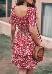 PRETTYGARDEN Women Floral Square Neck Short Sleeve Tiered Ruffle Boho Mini Dresses PRETTYGARDEN