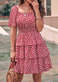 PRETTYGARDEN Women Floral Square Neck Short Sleeve Tiered Ruffle Boho Mini Dresses PRETTYGARDEN