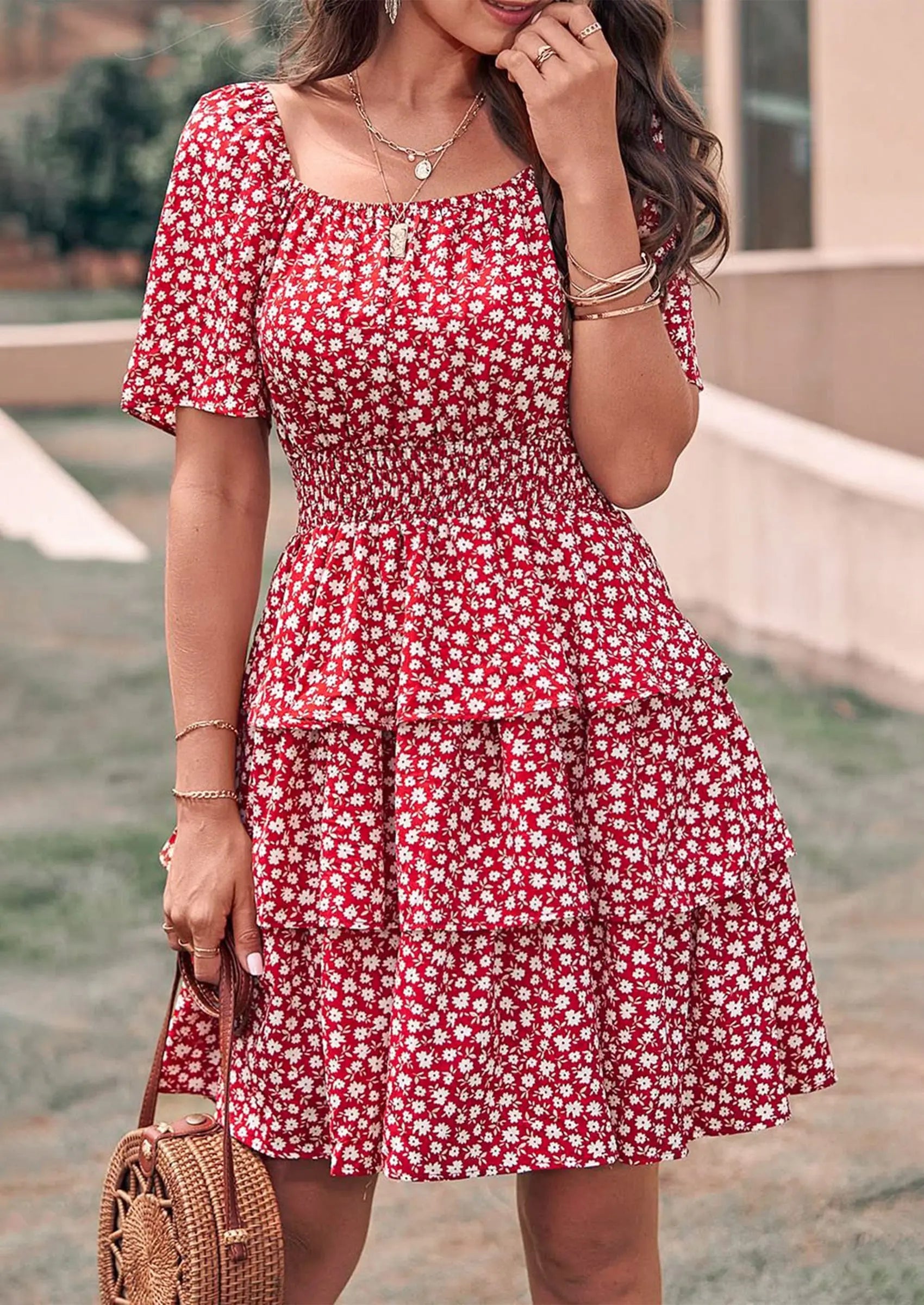 PRETTYGARDEN Women Floral Square Neck Short Sleeve Tiered Ruffle Boho Mini Dresses PRETTYGARDEN