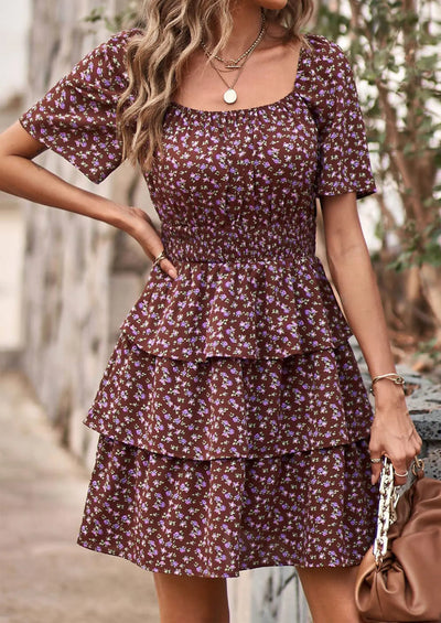 PRETTYGARDEN Women Floral Square Neck Short Sleeve Tiered Ruffle Boho Mini Dresses PRETTYGARDEN