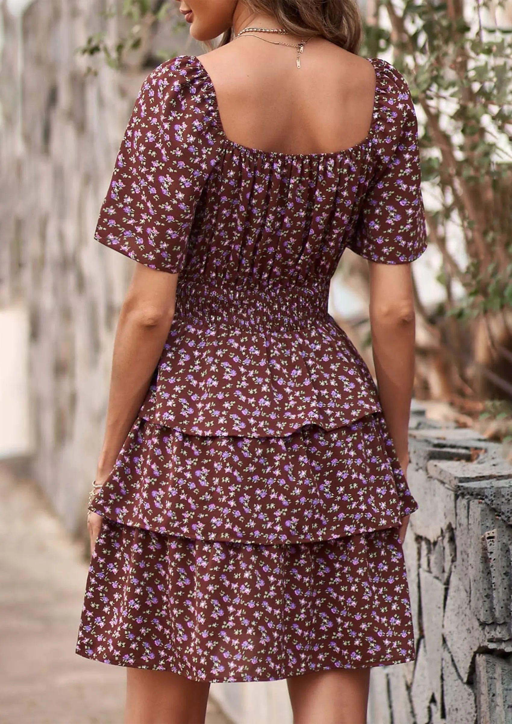 PRETTYGARDEN Women Floral Square Neck Short Sleeve Tiered Ruffle Boho Mini Dresses PRETTYGARDEN