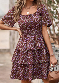 PRETTYGARDEN Women Floral Square Neck Short Sleeve Tiered Ruffle Boho Mini Dresses PRETTYGARDEN