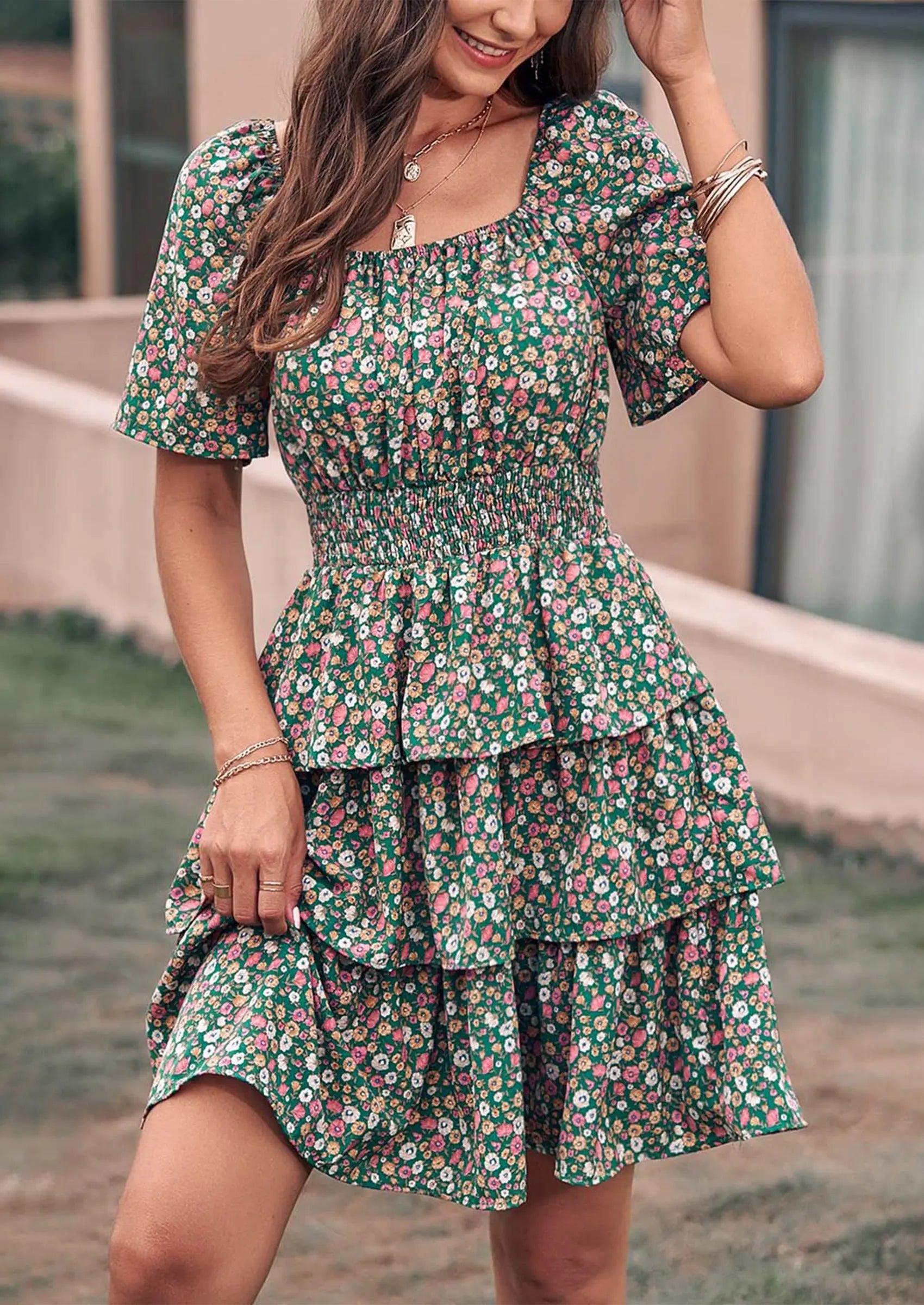 PRETTYGARDEN Women Floral Square Neck Short Sleeve Tiered Ruffle Boho Mini Dresses PRETTYGARDEN