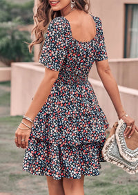 PRETTYGARDEN Women Floral Square Neck Short Sleeve Tiered Ruffle Boho Mini Dresses PRETTYGARDEN