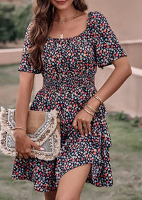PRETTYGARDEN Women Floral Square Neck Short Sleeve Tiered Ruffle Boho Mini Dresses PRETTYGARDEN