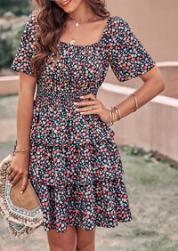 PRETTYGARDEN Women Floral Square Neck Short Sleeve Tiered Ruffle Boho Mini Dresses PRETTYGARDEN
