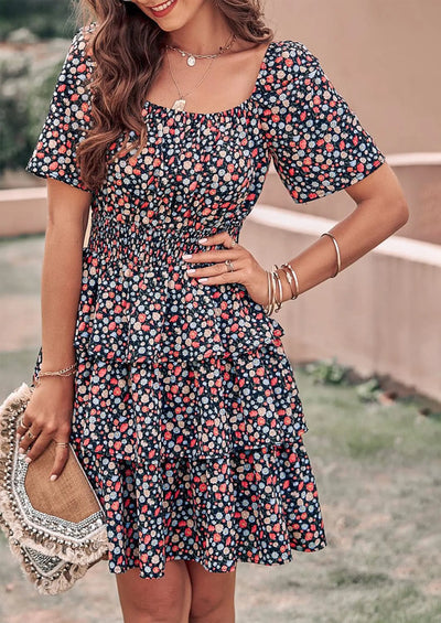 PRETTYGARDEN Women Floral Square Neck Short Sleeve Tiered Ruffle Boho Mini Dresses PRETTYGARDEN
