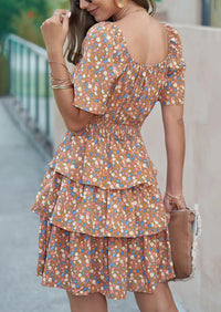 PRETTYGARDEN Women Floral Square Neck Short Sleeve Tiered Ruffle Boho Mini Dresses PRETTYGARDEN