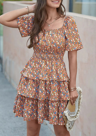 PRETTYGARDEN Women Floral Square Neck Short Sleeve Tiered Ruffle Boho Mini Dresses PRETTYGARDEN