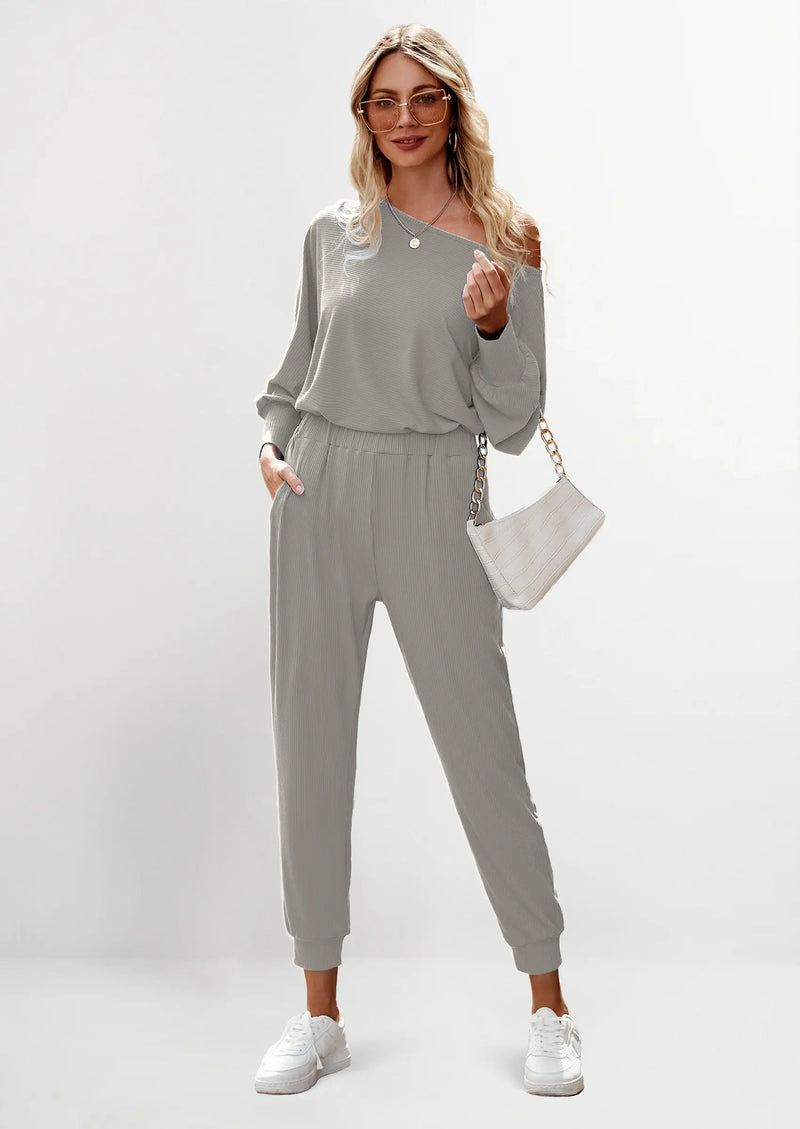 PRETTYGARDEN Women's 2 Piece Ribbed Tracksuit Outfits Off Shoulder Long Sleeve Pullover Lounge Pants with Pockets PRETTYGARDEN