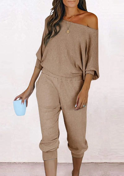 PRETTYGARDEN Women's 2 Piece Ribbed Tracksuit Outfits Off Shoulder Long Sleeve Pullover Lounge Pants with Pockets PRETTYGARDEN