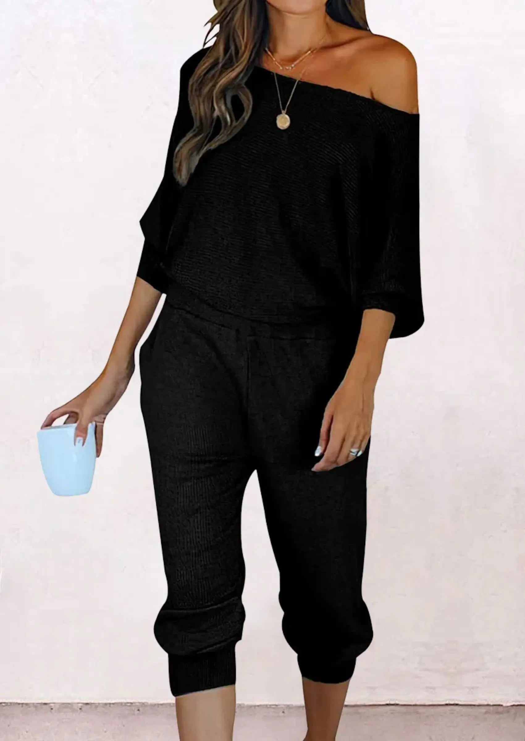 PRETTYGARDEN Women's 2 Piece Ribbed Tracksuit Outfits Off Shoulder Long Sleeve Pullover Lounge Pants with Pockets PRETTYGARDEN
