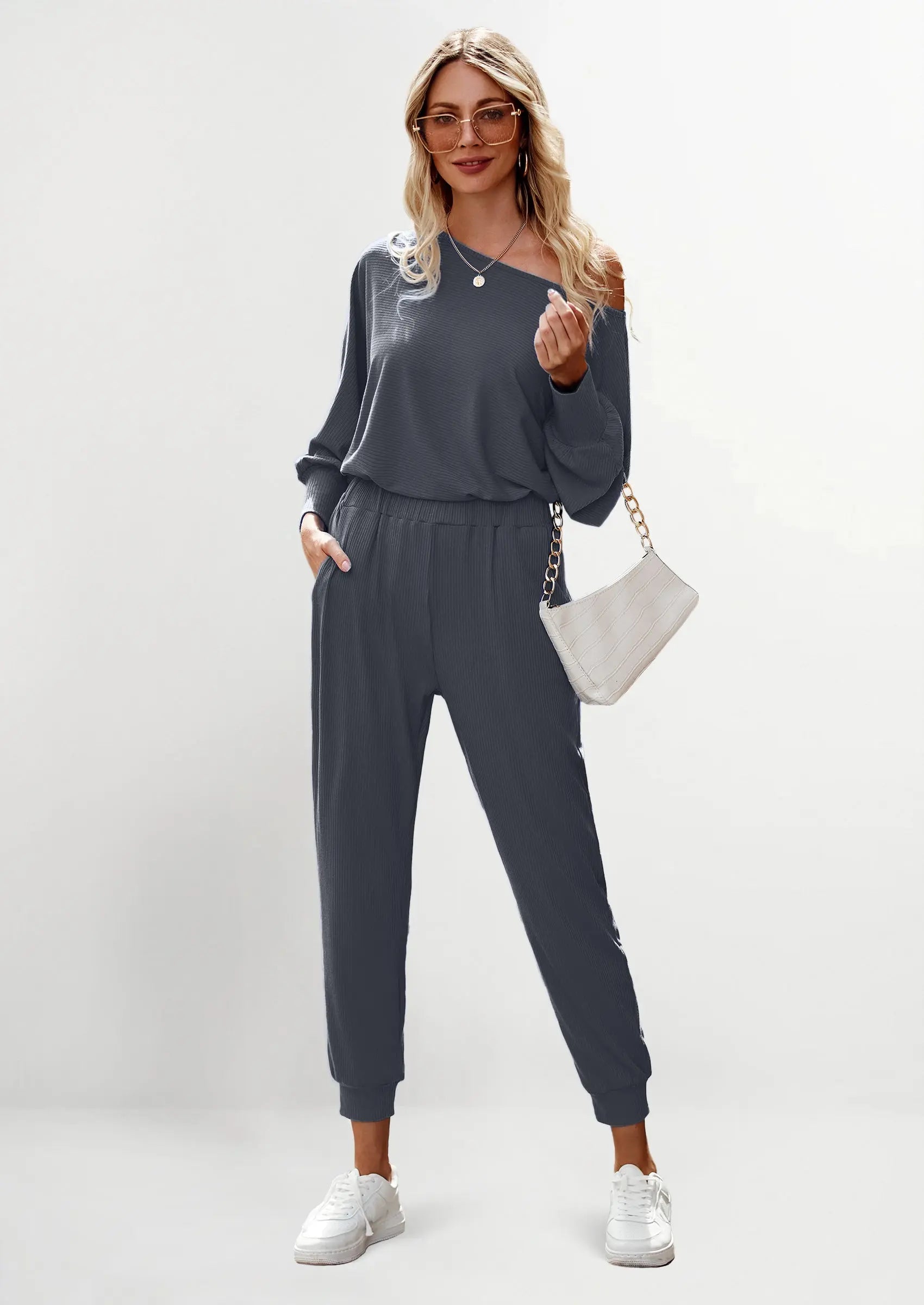 PRETTYGARDEN Women's 2 Piece Ribbed Tracksuit Outfits Off Shoulder Long Sleeve Pullover Lounge Pants with Pockets PRETTYGARDEN