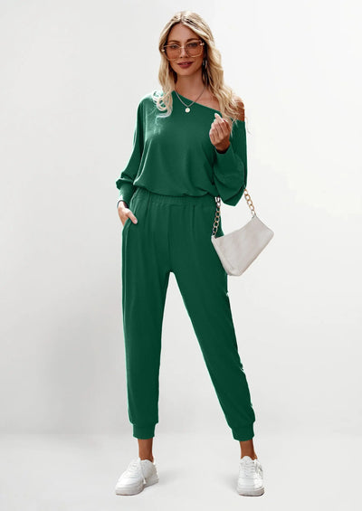 PRETTYGARDEN Women's 2 Piece Ribbed Tracksuit Outfits Off Shoulder Long Sleeve Pullover Lounge Pants with Pockets PRETTYGARDEN