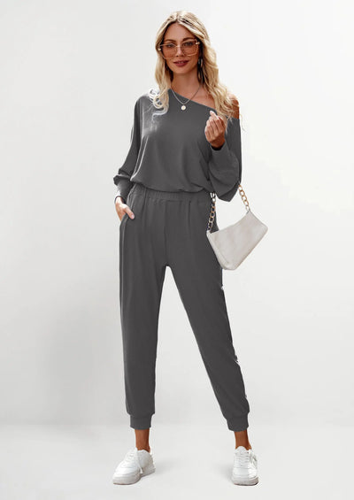 PRETTYGARDEN Women's 2 Piece Ribbed Tracksuit Outfits Off Shoulder Long Sleeve Pullover Lounge Pants with Pockets PRETTYGARDEN