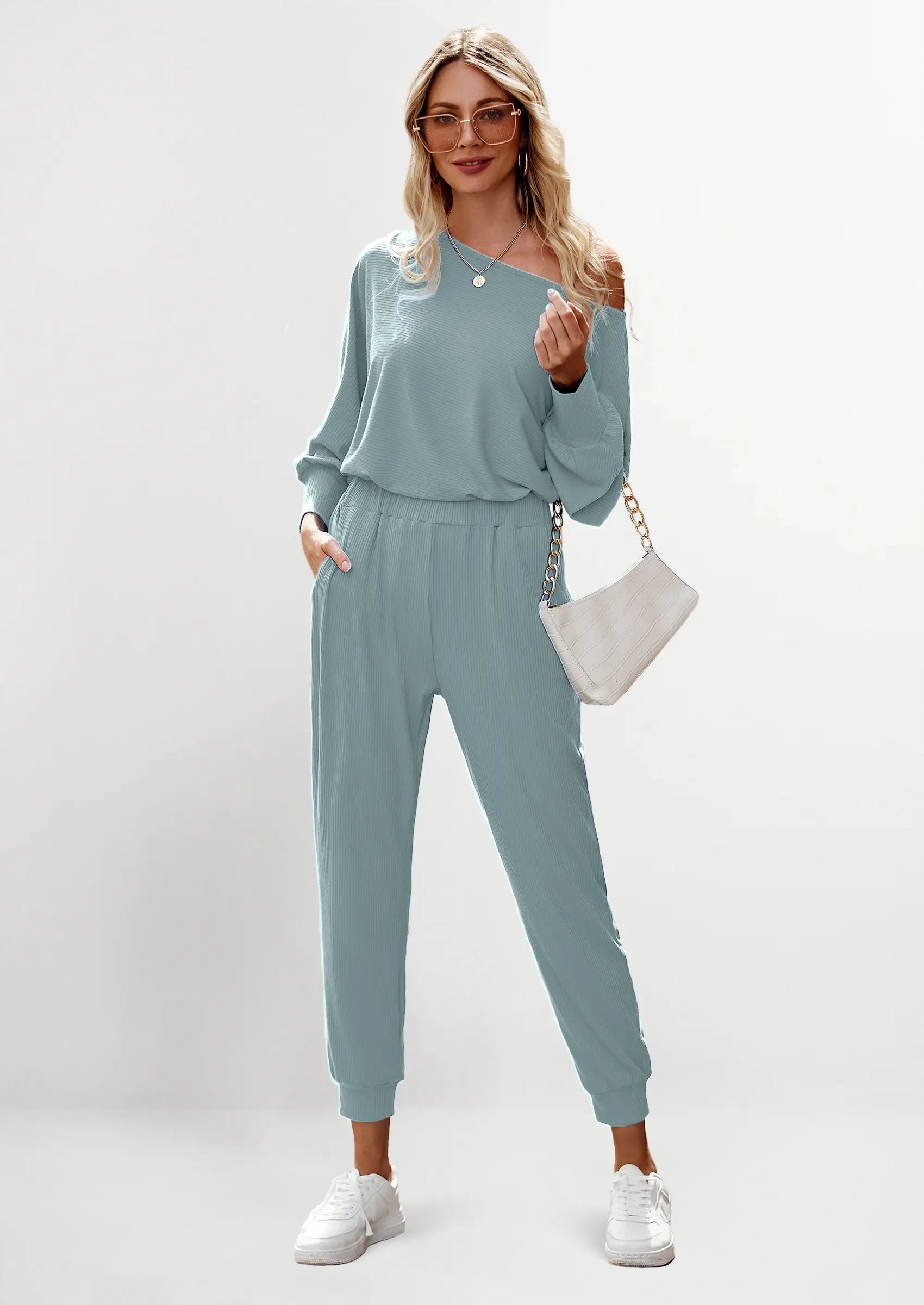 PRETTYGARDEN Women's 2 Piece Ribbed Tracksuit Outfits Off Shoulder Long Sleeve Pullover Lounge Pants with Pockets PRETTYGARDEN