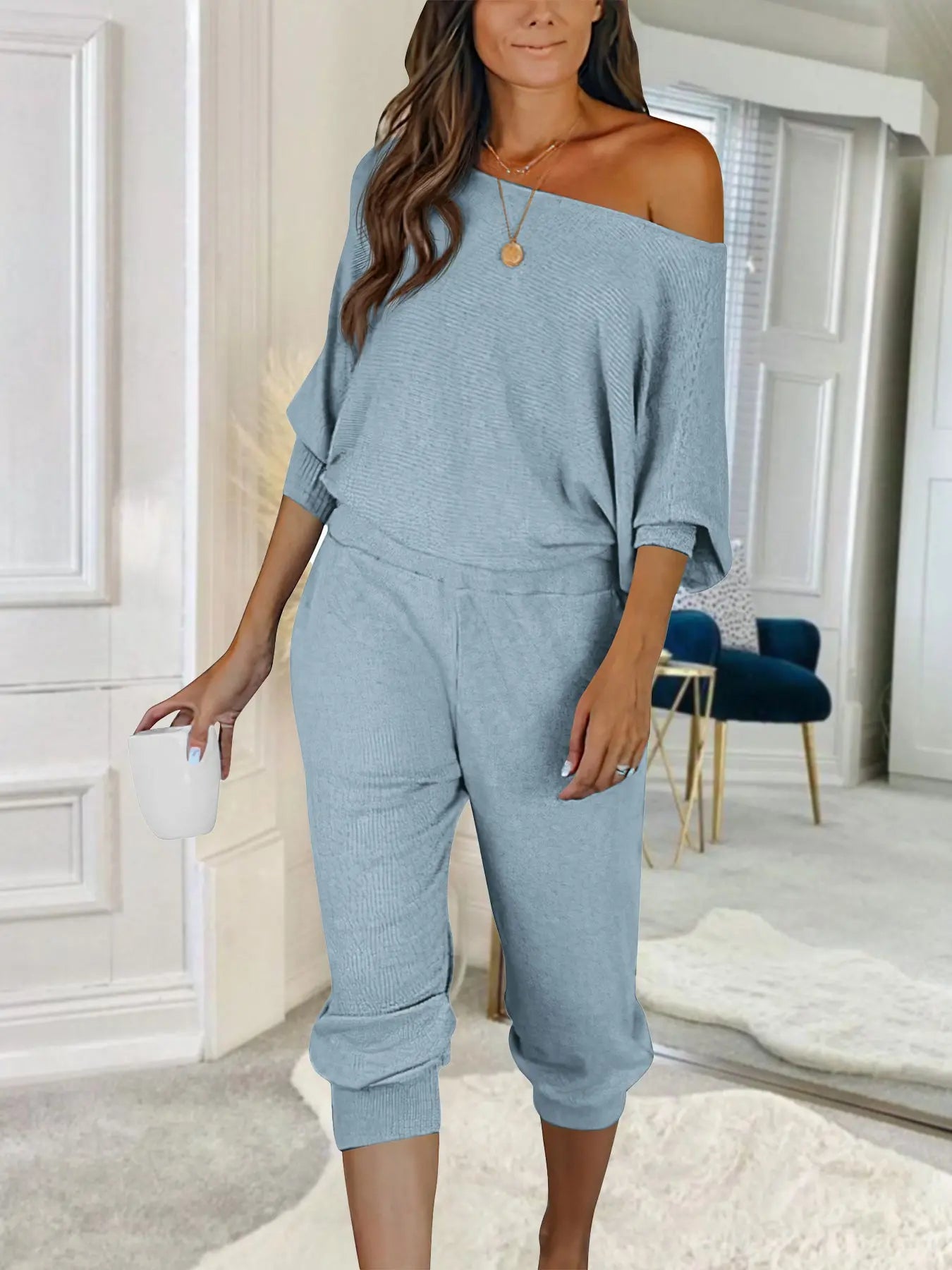 PRETTYGARDEN Women's 2 Piece Ribbed Tracksuit Outfits Off Shoulder Long Sleeve Pullover Lounge Pants with Pockets PRETTYGARDEN