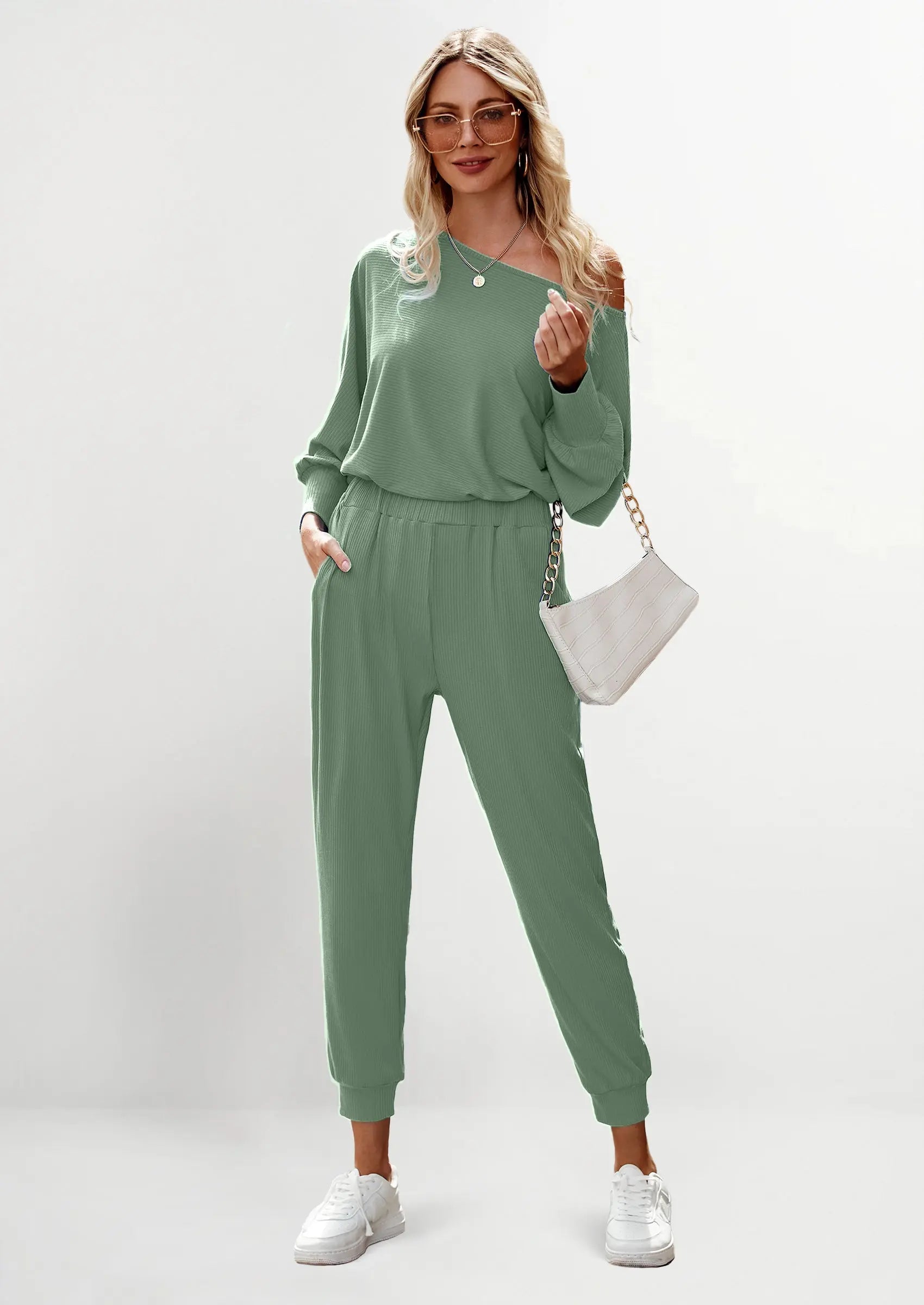 PRETTYGARDEN Women's 2 Piece Ribbed Tracksuit Outfits Off Shoulder Long Sleeve Pullover Lounge Pants with Pockets PRETTYGARDEN