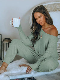PRETTYGARDEN Women's 2 Piece Ribbed Tracksuit Outfits Off Shoulder Long Sleeve Pullover Lounge Pants with Pockets PRETTYGARDEN