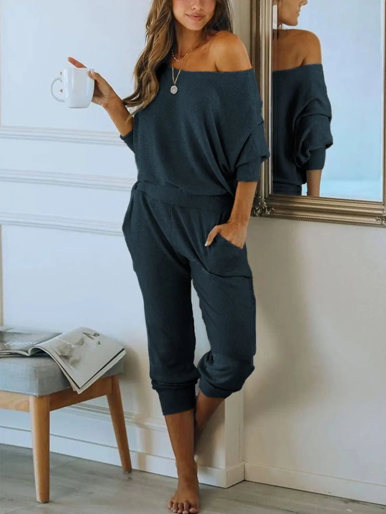 PRETTYGARDEN Women's 2 Piece Ribbed Tracksuit Outfits Off Shoulder Long Sleeve Pullover Lounge Pants with Pockets PRETTYGARDEN