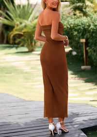 PRETTYGARDEN Women's Bodycon Maxi Tube Dress Ribbed Strapless Side Slit Long Going Out Casual Elegant Party Dresses - PRETTYGARDEN