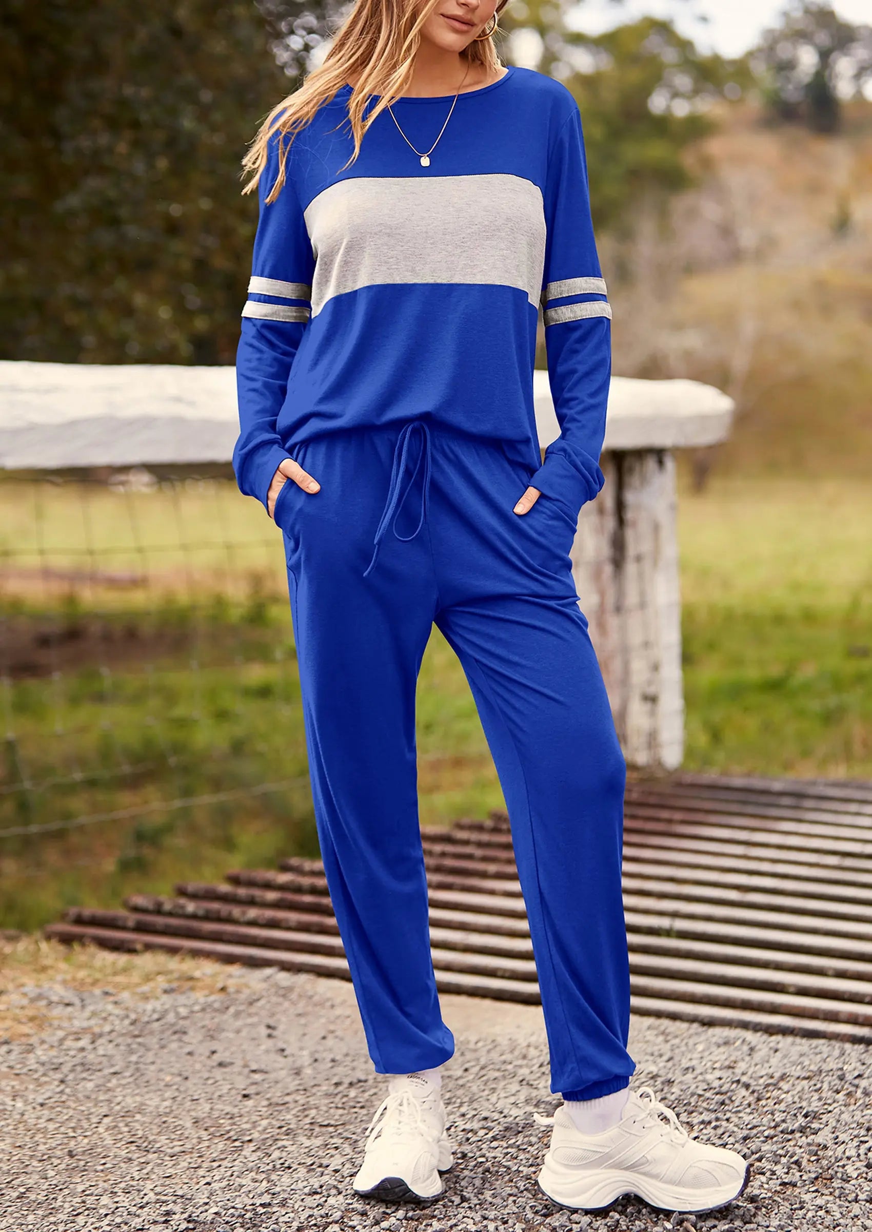 PRETTYGARDEN Women's Color Block 2 Piece Spring Tracksuit Crewneck Long Sleeve Tops Long Sweatpants Outfits Lounge Sets PRETTYGARDEN