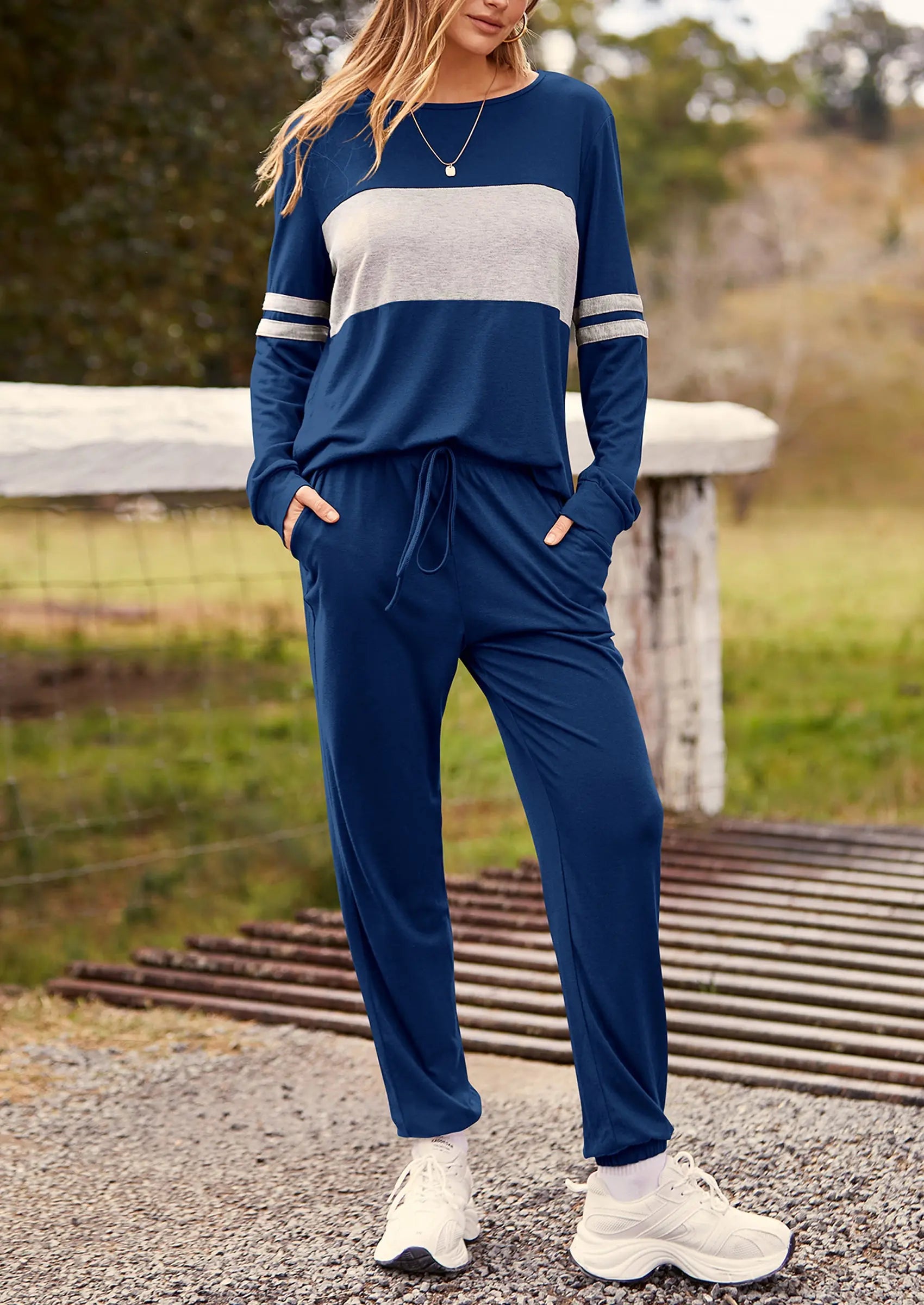 PRETTYGARDEN Women's Color Block 2 Piece Spring Tracksuit Crewneck Long Sleeve Tops Long Sweatpants Outfits Lounge Sets PRETTYGARDEN