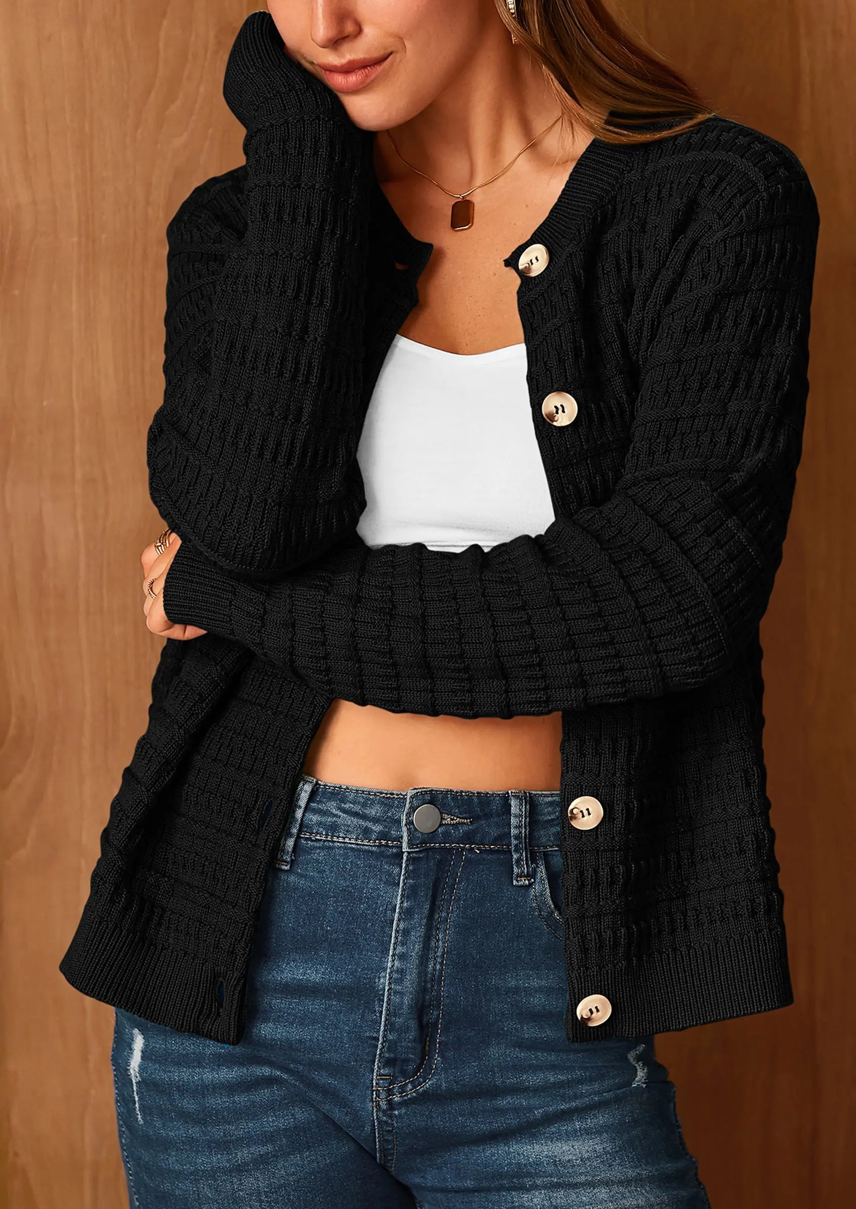 PRETTYGARDEN Women's Knit Cardigan Sweaters Casual Long Sleeve Open Front Button Down Trendy Jackets Outerwear - PRETTYGARDEN