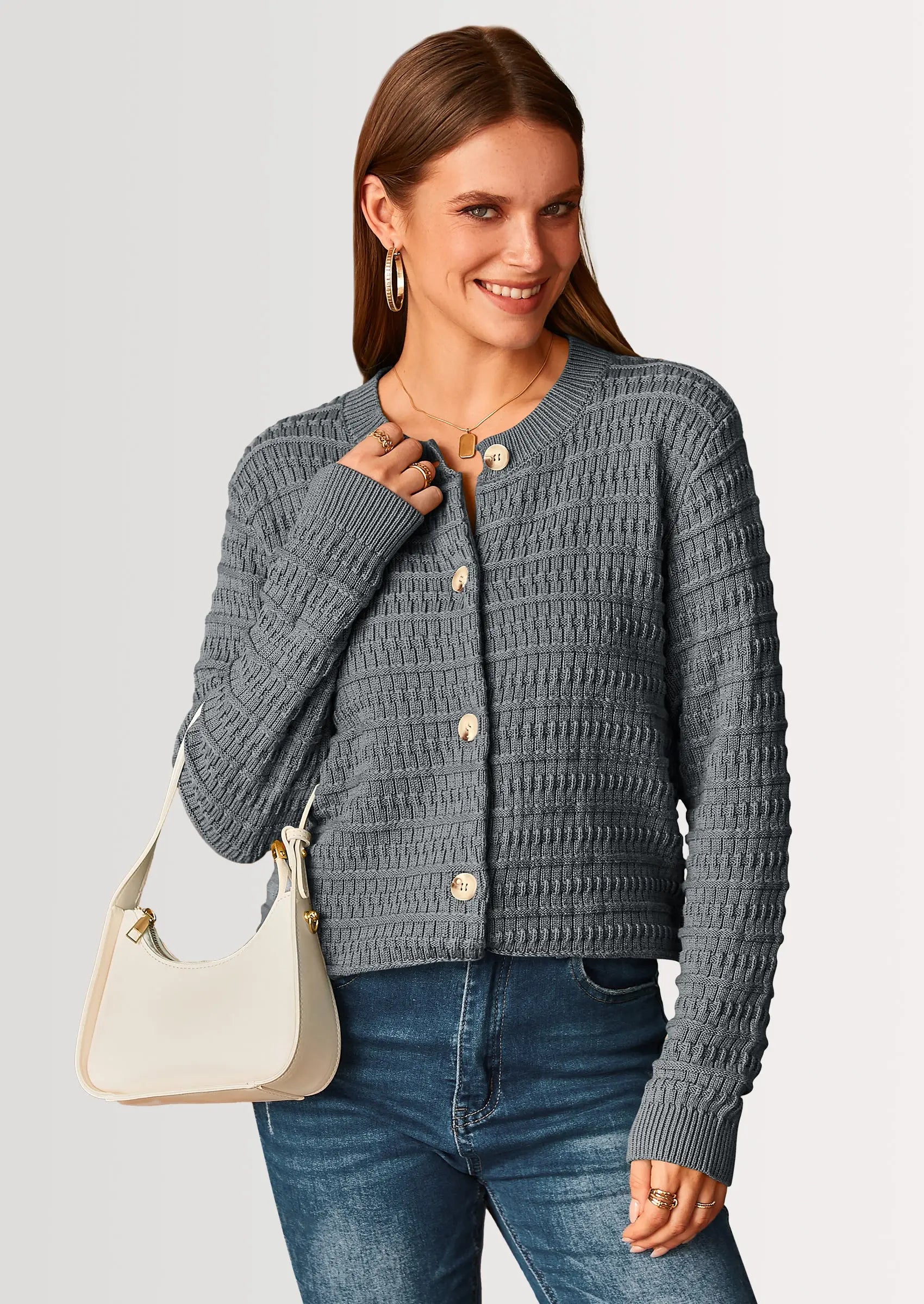 PRETTYGARDEN Women's Knit Cardigan Sweaters Casual Long Sleeve Open Front Button Down Trendy Jackets Outerwear - PRETTYGARDEN