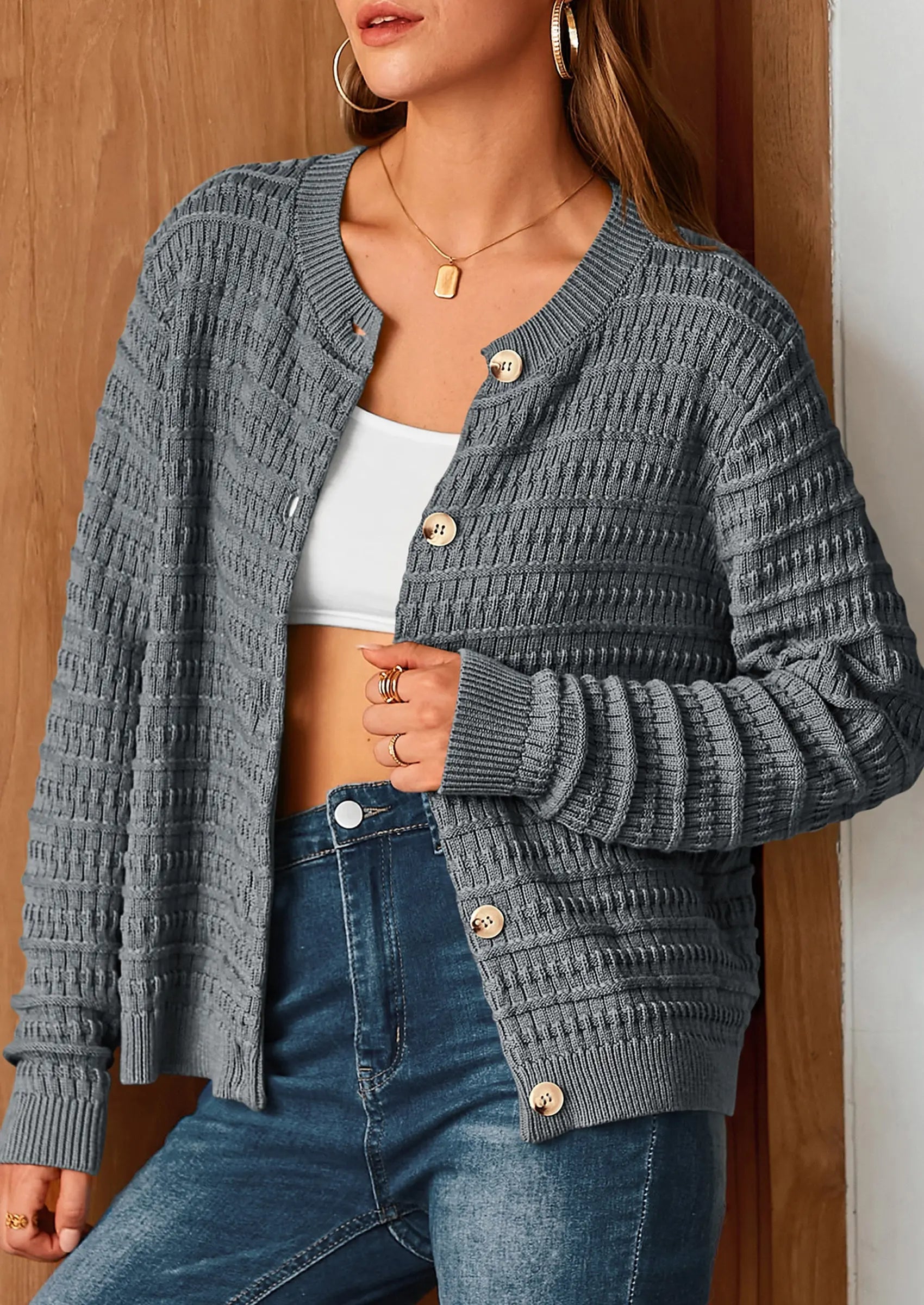 PRETTYGARDEN Women's Knit Cardigan Sweaters Casual Long Sleeve Open Front Button Down Trendy Jackets Outerwear - PRETTYGARDEN