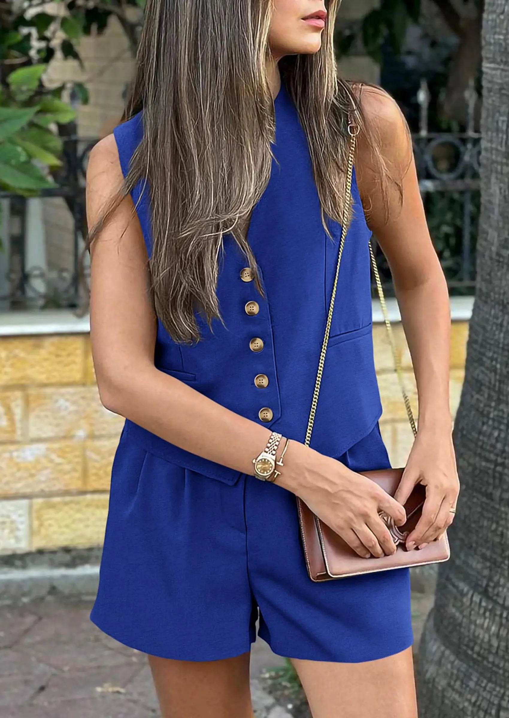 PRETTYGARDEN Women's Summer 2 Piece Outfits Sleeveless Matching Sets Button Down V Neck Vest Waistcoat and Pockets Shorts - PRETTYGARDEN