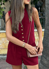 PRETTYGARDEN Women's Summer 2 Piece Outfits Sleeveless Matching Sets Button Down V Neck Vest Waistcoat and Pockets Shorts - PRETTYGARDEN