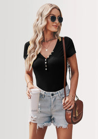 PRETTYGARDEN Women's Summer Casual Henley T-Shirts Short Sleeve V Neck Button Up Ribbed Knit Slim Fit Basic Tops PRETTYGARDEN