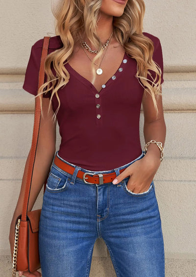 PRETTYGARDEN Women's Summer Casual Henley T-Shirts Short Sleeve V Neck Button Up Ribbed Knit Slim Fit Basic Tops PRETTYGARDEN