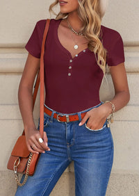 PRETTYGARDEN Women's Summer Casual Henley T-Shirts Short Sleeve V Neck Button Up Ribbed Knit Slim Fit Basic Tops PRETTYGARDEN