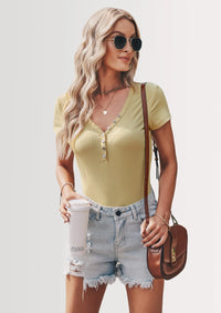 PRETTYGARDEN Women's Summer Casual Henley T-Shirts Short Sleeve V Neck Button Up Ribbed Knit Slim Fit Basic Tops PRETTYGARDEN