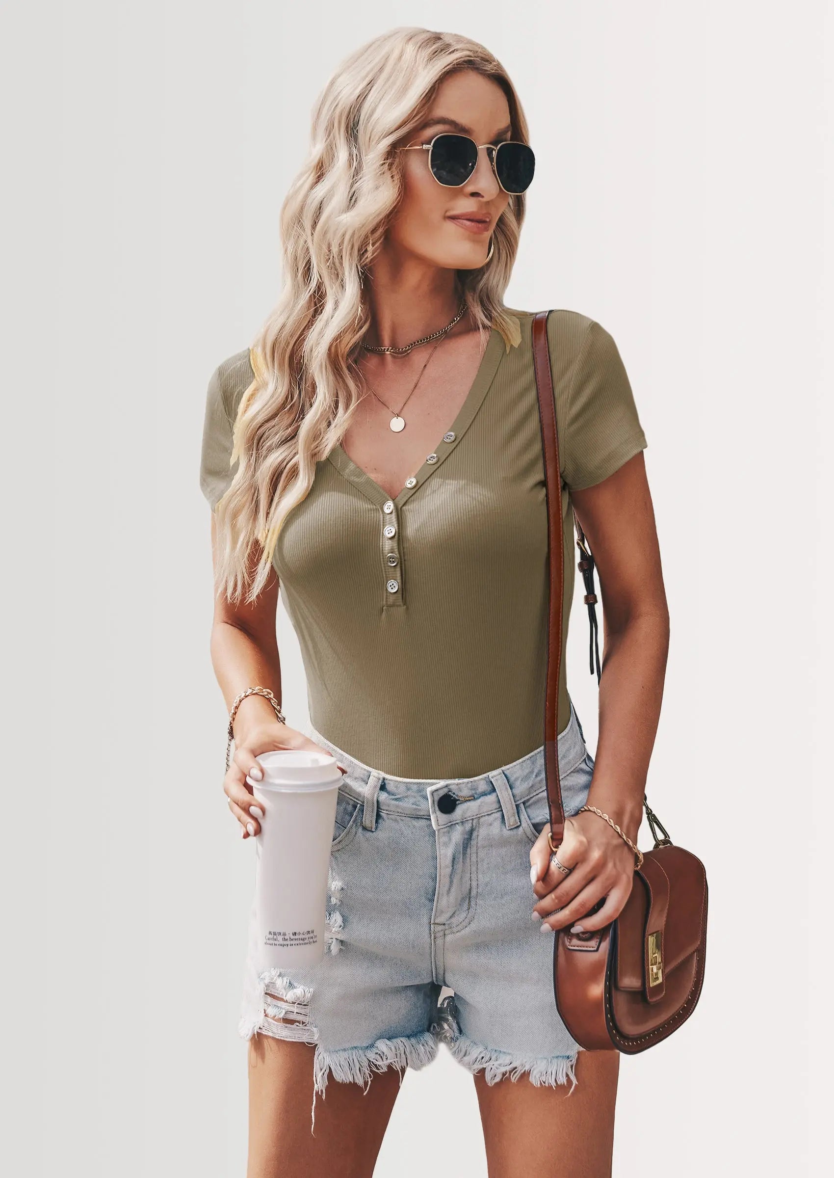 PRETTYGARDEN Women's Summer Casual Henley T-Shirts Short Sleeve V Neck Button Up Ribbed Knit Slim Fit Basic Tops PRETTYGARDEN