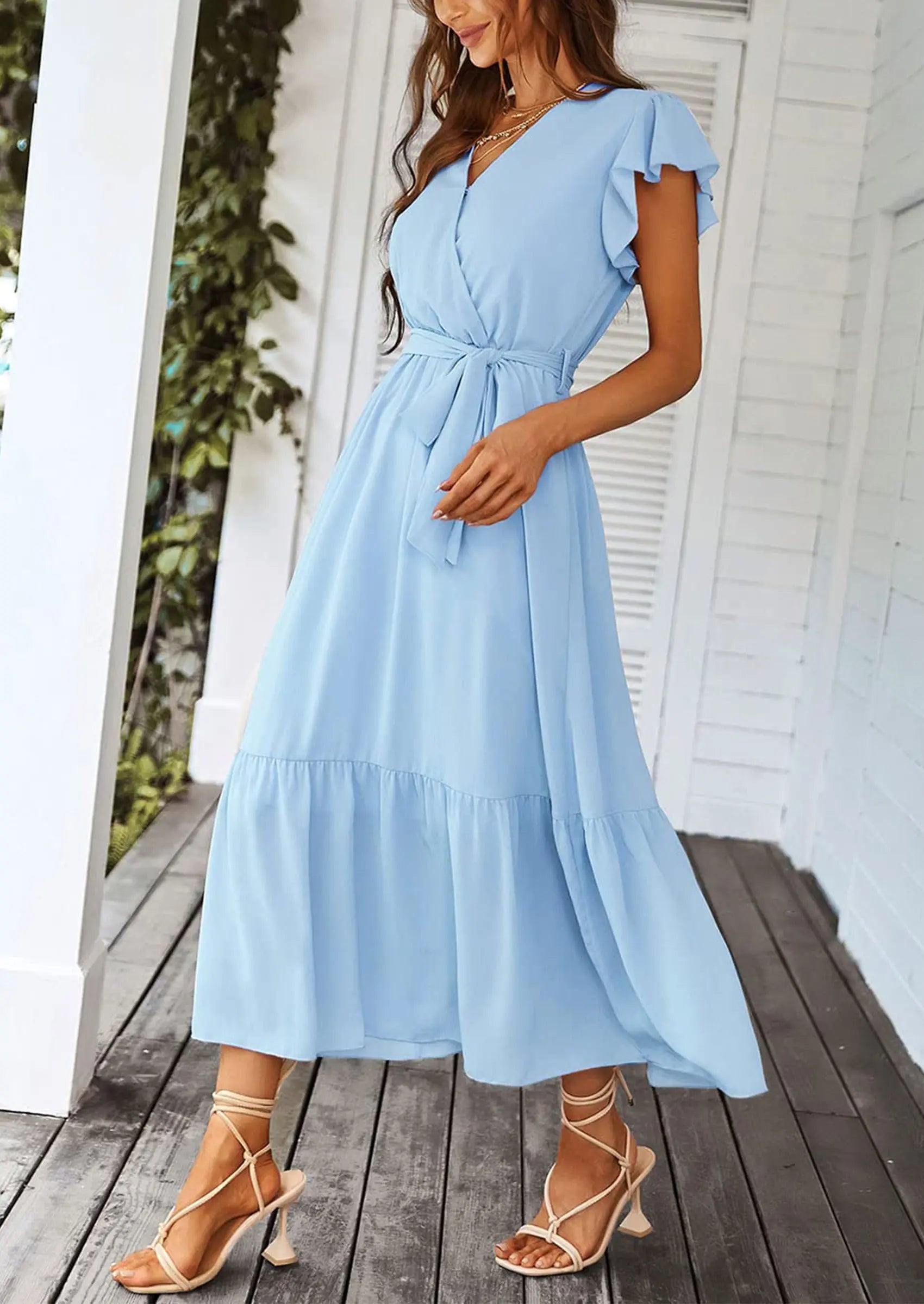 PRETTYGARDEN Women's Summer Floral Boho Maxi Dress Wrap Short Sleeve V Neck Ruffle A-Line Flowy Wedding Guest Long Dresses PRETTYGARDEN