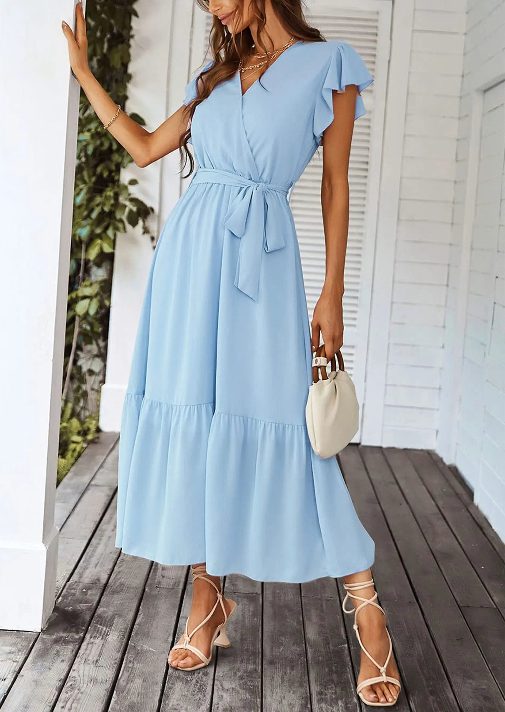 PRETTYGARDEN Women's Summer Floral Boho Maxi Dress Wrap Short Sleeve V Neck Ruffle A-Line Flowy Wedding Guest Long Dresses PRETTYGARDEN