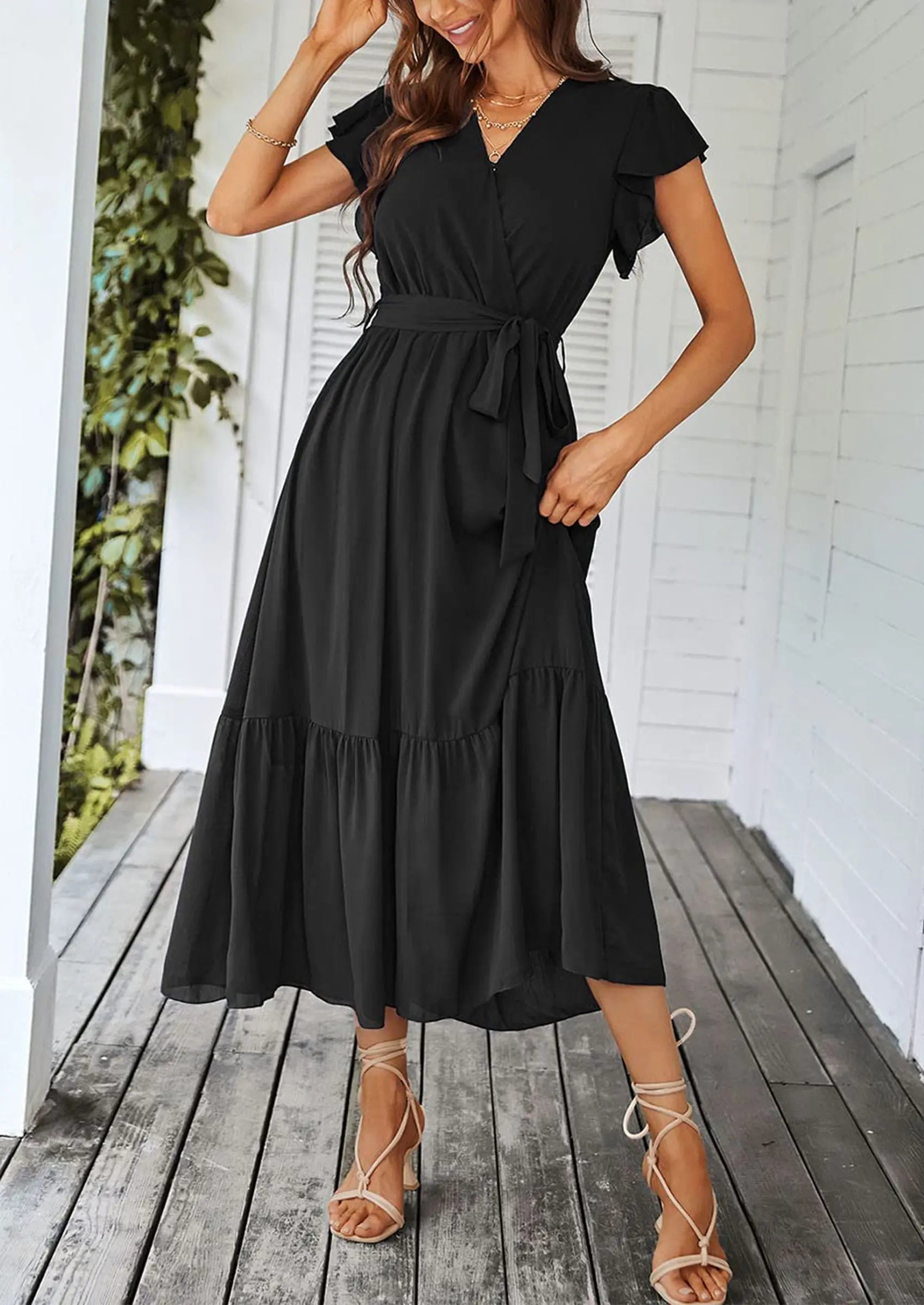 PRETTYGARDEN Women's Summer Floral Boho Maxi Dress Wrap Short Sleeve V Neck Ruffle A-Line Flowy Wedding Guest Long Dresses PRETTYGARDEN