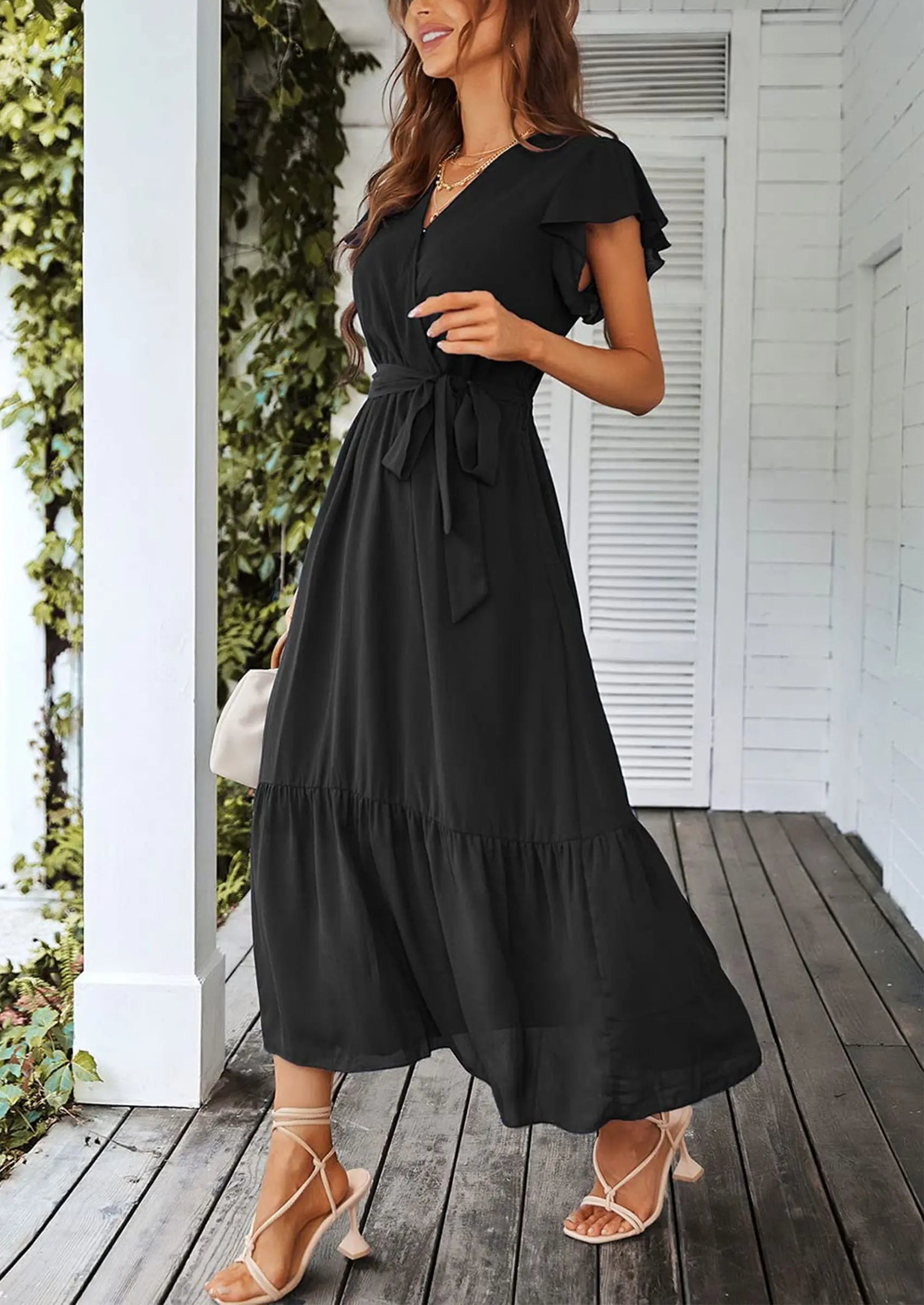 PRETTYGARDEN Women's Summer Floral Boho Maxi Dress Wrap Short Sleeve V Neck Ruffle A-Line Flowy Wedding Guest Long Dresses PRETTYGARDEN