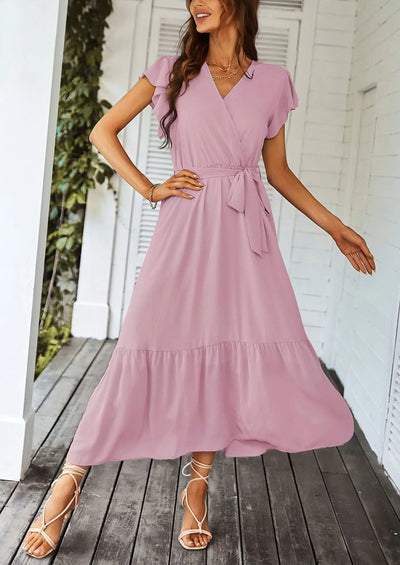 PRETTYGARDEN Women's Summer Floral Boho Maxi Dress Wrap Short Sleeve V Neck Ruffle A-Line Flowy Wedding Guest Long Dresses PRETTYGARDEN